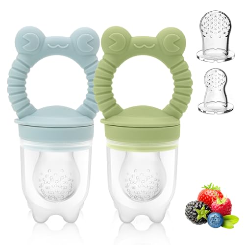 Image of HAOBAOBEI Baby Solids/Frozen Fruit Feeder Pacifier, Infant Teether Toy 4M+, BPA-Free Silicone Pouch & Nipple, Safely Introduce Solids, Teething Relief, 2-Pack - Blue/Green (Frog)