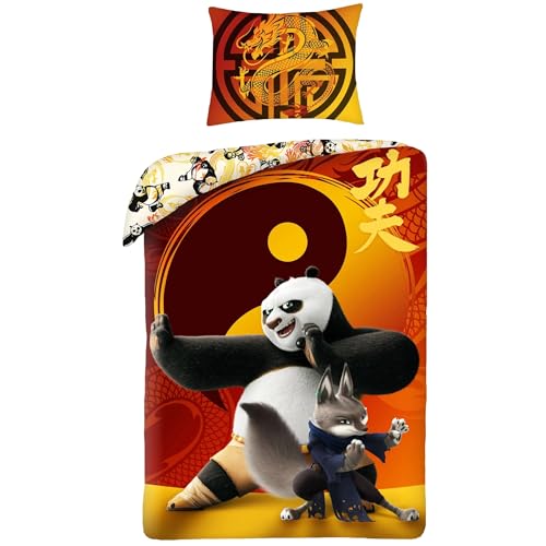 Halantex Parure de lit KUNG FU Panda guerriers PO et ZHEN - Housse de couette 140 x 200 cm avec taie d'oreiller 70 x 90 cm - 100 % coton multicolore