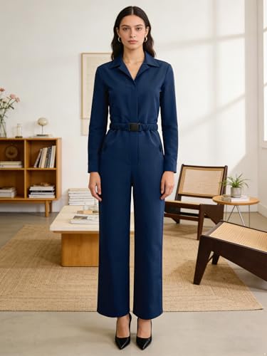 Mono de trabajo para mujer con cinturón ajustable y solapas elegantes 5