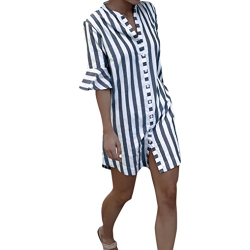 YOYORI Women Horn Sleeve Striped Half Sleeve Tops Long Blouse (Gray, 2XL)