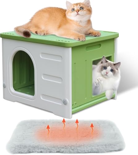 FJJRTWDG Comfortable Plastic Cat House with Escape Door, Artificial Pet House, Suitable for Indoor and Outdoor Pets Suitable for Indoor Pets(Green with Mat)