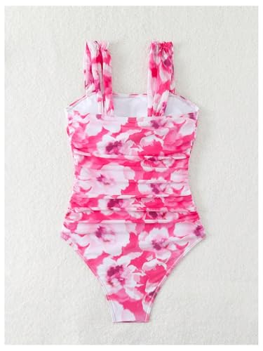 Image of OYOANGLE Girl's Floral Print One Piece Swimsuit Mesh Ruched Bathing Suit Swimwear