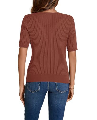 Image of Women Summer Knit Shirt Blouse V Neck Short Sleeve Pullover Sweater Tops