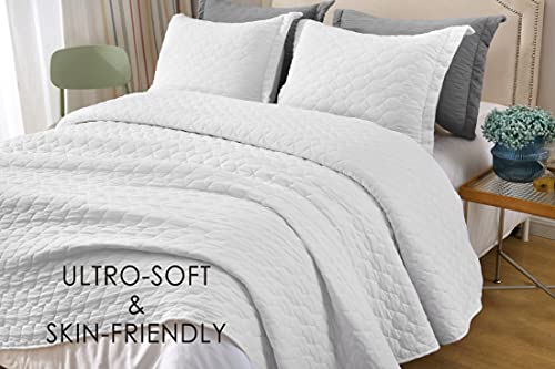 Moonline Quilt Set Full/Queen Size White 3 Piece,Stone Washed Lightweight Soft Microfibre Classic Geometric Diamond Pattern Reversible Quilted Bedspread&Coverlet (1 Quilt And 2 Pillow Sham) #TOP2