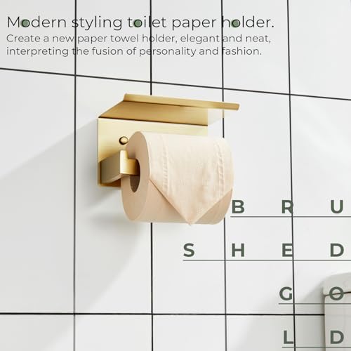 Image of KOKOSIRI Toilet Paper Holder with Shelf Toilet Roll Holder for Bathroom Restroom T-304 Stainless Steel Wall Mounted, Gold Finish, B2010BG