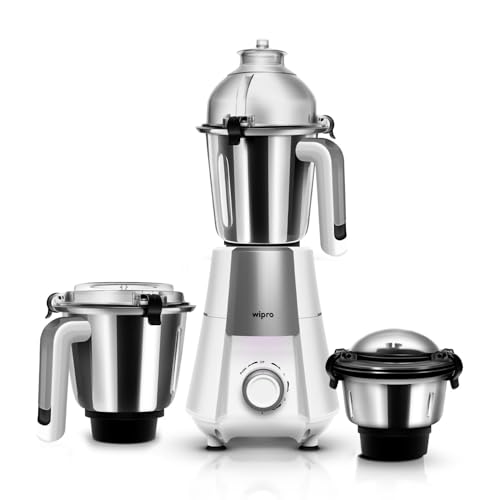 Wipro Elato Divine FMG 212 800 Watt Mixer Grinder with 3 Jars, Heavy Duty 100% Copper Ball Bearing Motor with 5 Year Warranty,Superfast Grinding, Clip Lids - Hands Free use,3 Jars Mixer Grinder, White