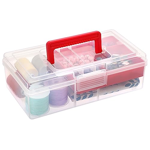 Image of BTSKY Clear Plastic Storage Box with Removable Tray Multipurpose Stationery Storage Box with Handle Handy Sewing Box Art Craft Supply Organizer Home Utility Box (Red)