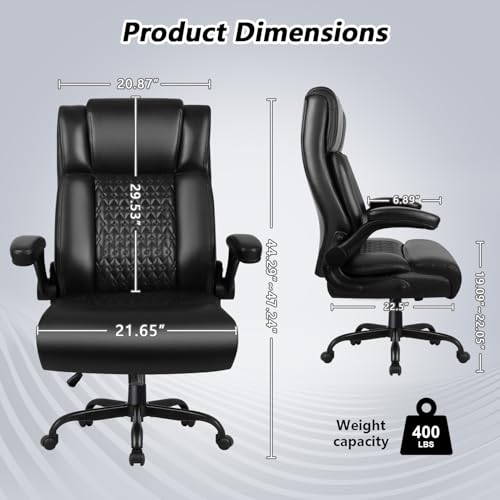 Big and Tall Office Chair, Ergonomic Leather Office Computer Desk Chair, Black Heavy Duty Office Chair with Flip-up Armrest, Comfortable High Back Home Chair 400 LBS with Lumbar Su image 1