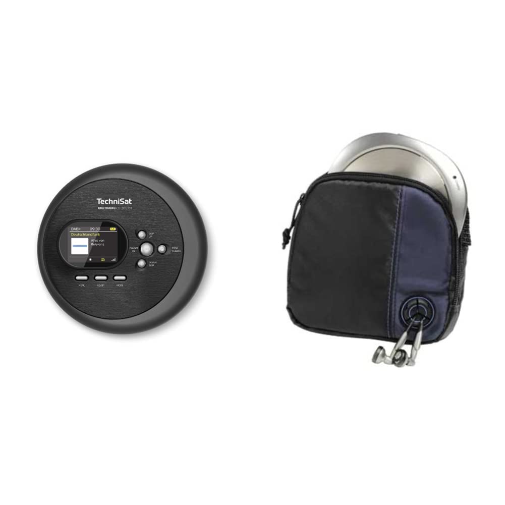 TechniSat DIGITRADIO CD 2GO BT - portabler CD-Player mit 2 Akku (Discman, mit MP3 Resume-Funktion) & Hama CD-Player-Tasche für Discman und 3 CDs (mit Kabelausgang und Gürtelschlaufe) schwarz/blau