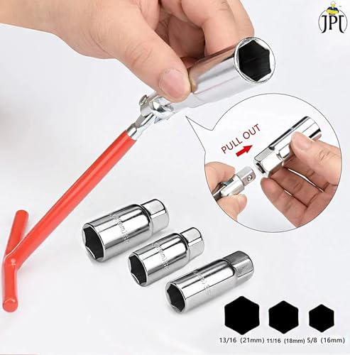 Image of JPT 16 /18 /21mm Universal Spark Plug Socket Wrench Set, 4-Piece with T-Handle, 360-Degree Rotation for Easy Spark Plug Removal