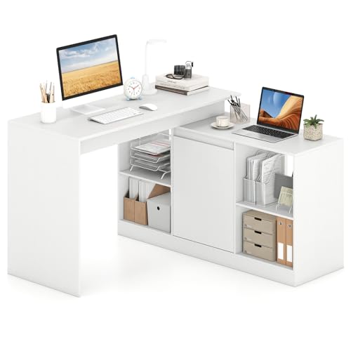COSTWAY Bureau d'Ordinateur en Forme de L, Bureau d'angle Réversible avec Armoire à 2 Portes et 4 Compartiments, Poste de Travail Moderne pour Bureau, Chambre