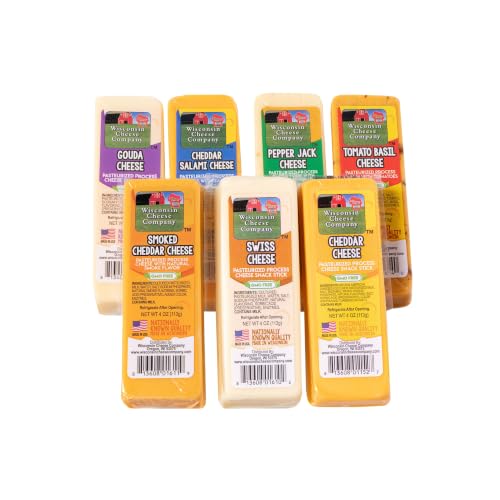 Wisconsin Cheese Company – Specialty Cheese Block Sampler Pack – 7 Flavors Including Cheddar, Pepper Jack, Swiss, Gouda, Salami, Smoked Cheddar & Tomato Basil – Charcuterie Board Gift Set (4 oz Each)