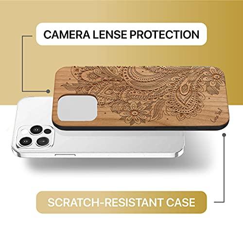 Caseyard Wood Phone Case For Iphone 12/12 Pro Laser Engraved Flower Paisley Design Cherry Wood Compatible Iphone Case Protective Shockproof Slim Fit Cell Phone Cover For Men & Women #TOP5