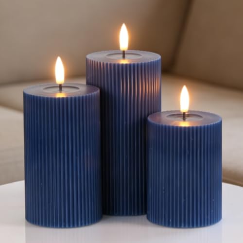 Image of Battery Operated Flameless Candles with 6 Hour Timer 3 Pack Real Wax Vertical Stripe 3D Wick Flickering LED Pillar Candles Dinner Wedding Christmas Holiday Decor(Navy Blue, 3 inchD x 5 inch, 6 inch, 7 inchH)