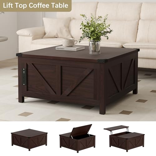 Furnivado 35\'\' Farmhouse Lift Top Coffee Table, Coffee Table with Storage and Large Hidden Storage, Square Coffee Tables with Charging Station&USB Ports, Lift Coffee Tables for Living Room, Brown