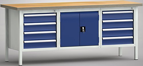 Metall-Meister Werkbank mit 2 Schubladenblöcken und 1 Mittelschrank 2000x700x840 mm LxTxH Cover