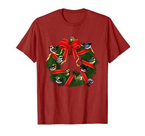 Cute Cartoon Warblers Birds on Holiday Christmas Wreath Gift T-Shirt