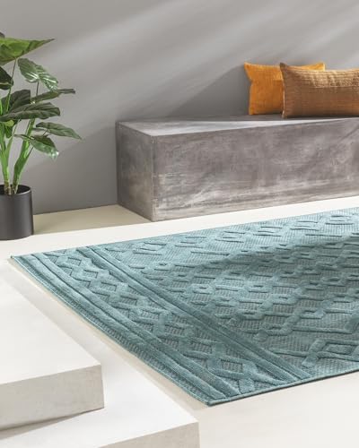 benuta Nest In- & Outdoor Teppich Bonte - Türkis 80x150 cm - Strapazierfähig & Pflegeleicht - Für Balkon, Terrasse, Garten - Küchenteppich & Wohnzimmerteppich - Geometrisch, Boho-Style, Hygge Cozy