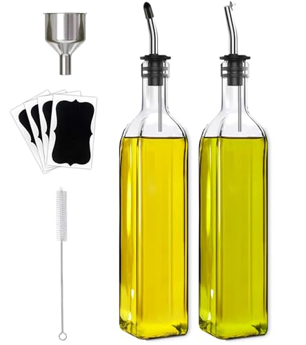 Leaflai Olive Oil Dispenser Bottle, 2 Pcs Glass Olive Oil Dispenser and Vinegar Dispenser Set with 2 Stainless Steel Pourers, 4 Labels,1 Brush and 1 Funnel Oil Bottles for Kitchen (500ml)