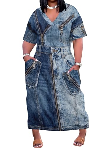 Image of SUZONANA Plus Size Denim Print Maxi Dresses for Women Casual V Neck Short Sleeve with Pockets Soft Jean Look Dress XL-6XL