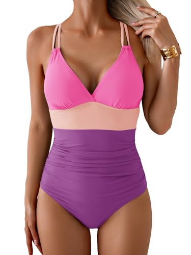 Image of Aidonger Women's One Piece Color Block Swimsuit Tummy Control Slimming Bathing Suit V Neck Cutout High Waisted Swimwear