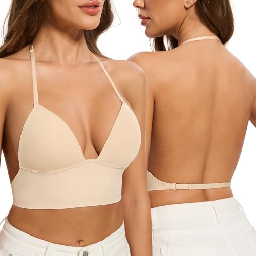 Low Back Bras for Women-Seamless Wireless Triangle Bralette Invisiable Backless Bras Low Cut Open Back Multiway Halter Bra