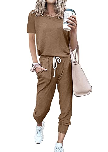 Image of PRETTYGARDEN Women Summer Two Piece Outfits Striped Short Sleeve Pullover and Long Pants Tracksuit Travel Pajama Lounge Set