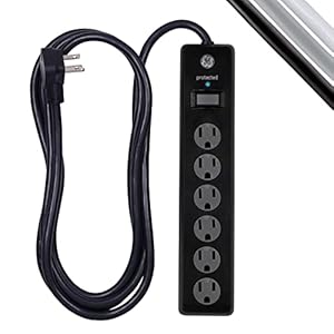 GE 6-Outlet Surge Protector, 10 Ft Extension Cord, Power Strip, 600 Joules, Twist-to-Close Safety Covers, Protected Indicator Light, UL Listed, Black, 37442