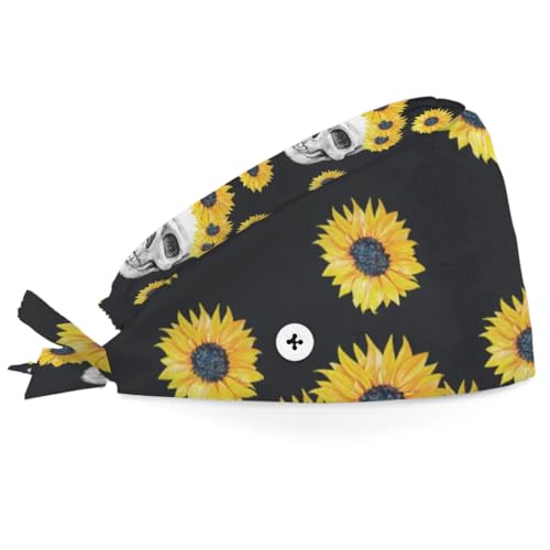 Mularoka Sunflower Wreath Skulls Working Caps with Button Sweatband Comfortable Adjustable Bouffant Hats Work Hat for Women Men