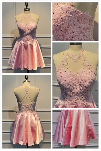 Satin Lace-Applique Homecoming Dresses Short with Pockets Halter Cocktail Dresses for Teens WD0292
