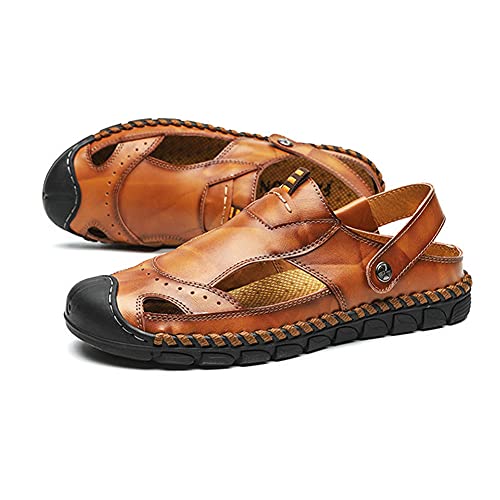 Mens Closed Toe Sandals Casual Waterproof Leather Sandals Beach Shoes Fashion Lightweight Slippers Sandals (Black 45)