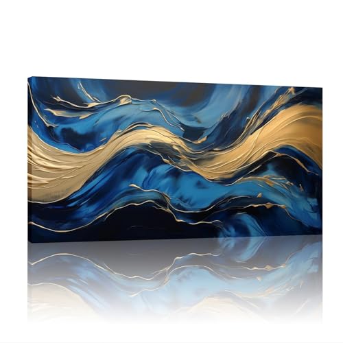 Toile aquarelle bleu marine et or décoration murale salon design abstrait moderne 80x160