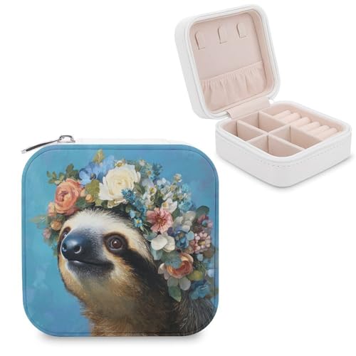 Jubonexis Bonito perezoso con corona de flores, organizador de joyas, portátil, de piel sintética, mini estuche de viaje