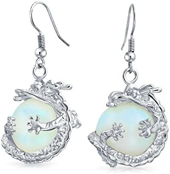 Fashion Statement Rainbow Gemstones Crystal Opalite Translucent Round Ball Dangle Orb Asian Dragon Earrings For Women Teen Silver Plated Fish Hook
