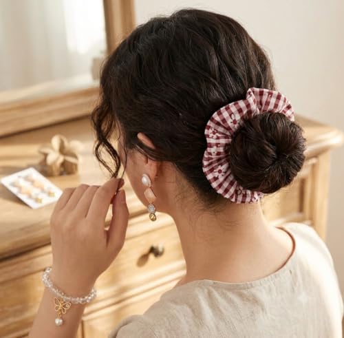 Image of 4-Piece Cute Accessory Combo Pack for Women: Matte Flower Hair Claw Clip, Gingham Scrunchie, Pearl Hair clip, Clear Beaded Charm Bracelet