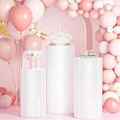 MYSWEETY 3PCS Metal Cylinder Stands for Party, Thickened Stainless Steel Round White Cylinder Pedestal, Sturdy Cake Pedestal Display Plinth Pillars for Parties Birthday Wedding Art Decor Cover