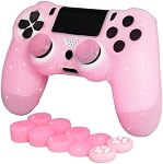 Poignées de protection antidérapantes rose Glitter Silicone Cover Compatibles avec PS4/Slim/Pro Contrôleur,8 PCS Poignées de la tige de paillette Caps et 2 Capuchons.