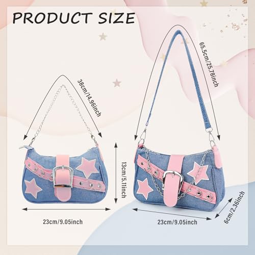 Denim y2k Purses for Women, Star Casual Chain Handheld Small Shoulder Bag with 2 Straps, Three Carry Methods Rock Style3