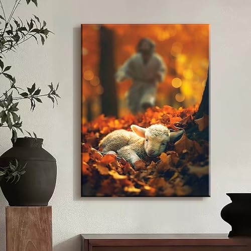 Miniatura 9 de Artscope Religioso Lienzos Decorativos - Jesús Y El Cordero En Otoño Patrón Estilo Pintura Cuadro Pared Lienzo Para Salon Décor Dormitorio Oficina Pasillo Cocina Baño Regalo 30x40cm