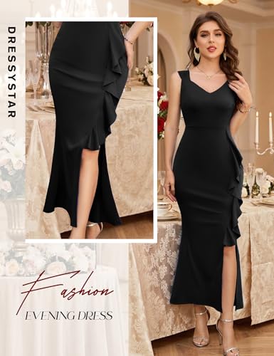 Image of Dressystar 2026 Women's V Neck Bodycon Mermaid Formal Evening Maxi Dress | Summer Wedding Guest,Cocktail Dresses for Women,Long Gown,Mermaid Split Ruffle Design ,Sleeveless,comfort and medium stretch