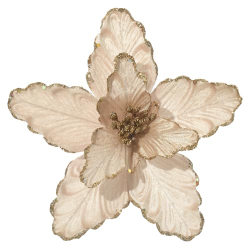 GreenHouzz 10 Pcs Large Poinsettias Christmas Tree Flower Glitter Silk Flower Picks Ornaments for Christmas Tree Wreath Garland Wedding Decoration (Champagne)