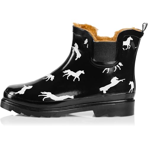 Best Boots for Horse Barn: Top Picks for Durability & Comfort 11 NORTY - Womens Ankle Rain Boots - Ladies Waterproof Winter Spring Garden Boot runs ½ size large Fur Horse Black Size 8