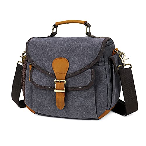 Camera Bag Camera Case Waterproof DSLR Camera Gadget Bag for Men and Women Camera Sling Bag Compact Camera Shoulder Crossbody Bag Case Waxed Canvas Crazy Horse Leather (Grey)