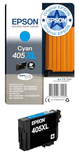 Epson Orginal 405XL Tinte Koffer Singlepack Cyan XL WF-3820DWF WF-3825DWF WF-4820DWF WF-4825DWF WF-4830DTWF WF-7830DTWF WF-7835DTWF WF-7840DTWF DURABrite Ultra Ink, ReadyPrint Flex-Tintentarife
