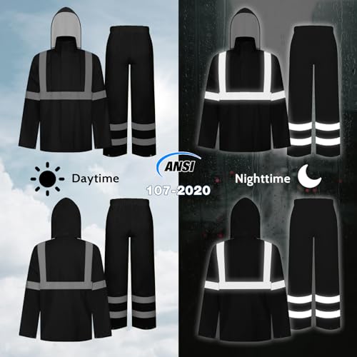 Image of TCCFCCT Hi Vis Jacket and Pants Rain Suit - Waterproof, High Vis Rain Coat with Hood, Safety Work Class 3 Reflective - L-XL Black WP