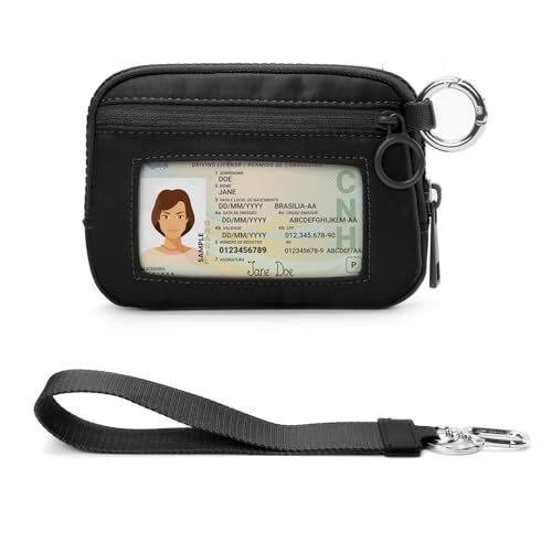 Image of The Iris Wallet Zipper Mini Coin Purse Keychain ID Holder Wallet | Zip Card Case with ID Window Purses for Women Mini Portable Keychain Wallet,Black with Lanyard