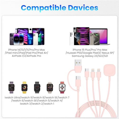 Image of 6in1 Multi Charging Cable 10FT, Magnetic Charger for Apple Watch Ultra /SE /9 /8 /7 /6 /5 /4 /3 /2 /1, Multiple Charger Cord for iPhone 15 /14 /13 /12 /11 /Galaxy /Pixel, Pink USB A /C Universal Travel Charger