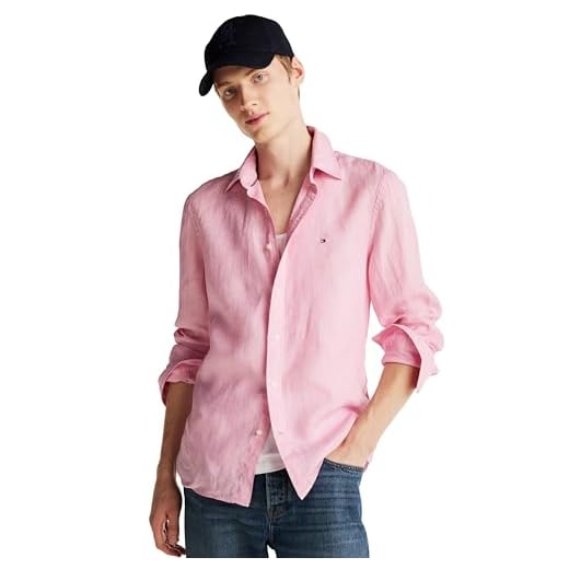 Tommy Hilfiger Camisa masculina de linho casual de manga comprida com botões em modelagem regular, Rosa clássico, G