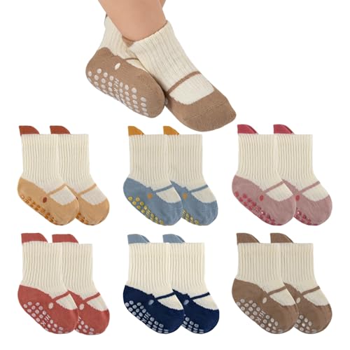 Image of QHANSHIEE Baby Toddler Socks Girls Boys Non Slip Baby Grip Socks Cute Cotton Crew Socks for Newborn Infant Toddler 6 Pairs