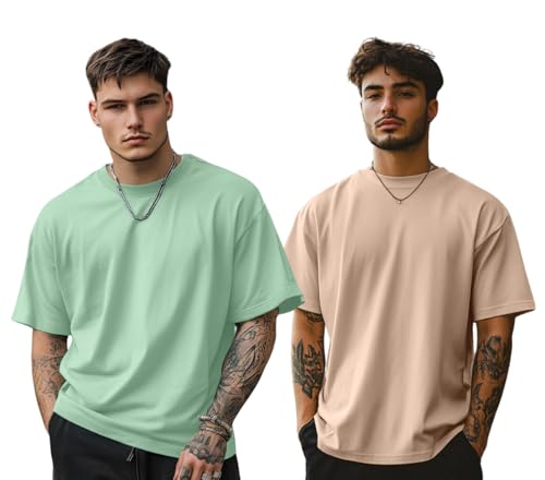Image of Veirdo Solid Oversized 100% Pure Cotton Combo T-Shirt for Men & Boys (Half Sleeves, Round Neck, Drop Shoulder, Baggy Fit, Pack of 2, Available in S to 2XL